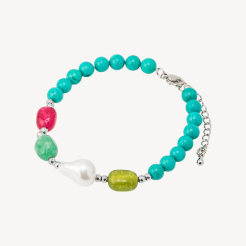 Bracelet with Semi-Precious Stones and Majorcan Pearls 18.5cm + 5cm with Silver Hematite and Stabilized Turquoise