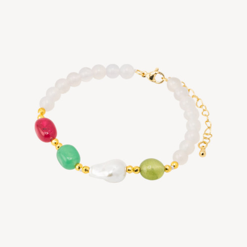 Bracelet en pierres semi-précieuses et perles de Majorque 18,5 cm + 5 cm avec hématite dorée et agate blanche