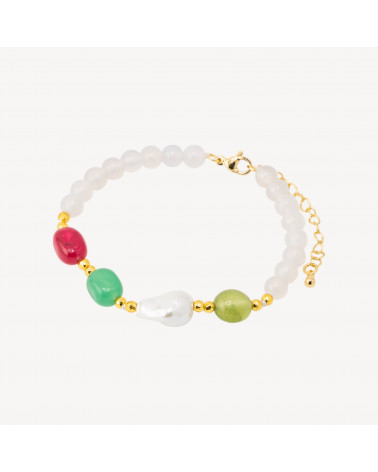 Bracciale con Pietre Dure e Perle di Maiorca 18,5cm + 5cm con Ematite Dorata e Agata Bianca-HARD STONES | Worldofjewel.com