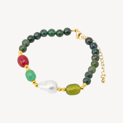 Bracelet en pierres semi-précieuses et perles de Majorque 18,5 cm + 5 cm avec hématite dorée et agate indienne