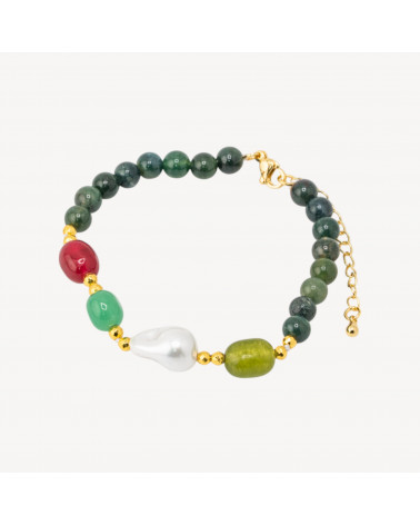 Bracciale con Pietre Dure e Perle di Maiorca 18,5cm + 5cm con Ematite Dorata e Agata Indiana-HARD STONES | Worldofjewel.com