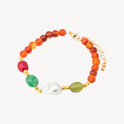 Bracelet en pierres semi-précieuses et perles de Majorque 18,5 cm + 5 cm avec hématite dorée et agate rayée orange
