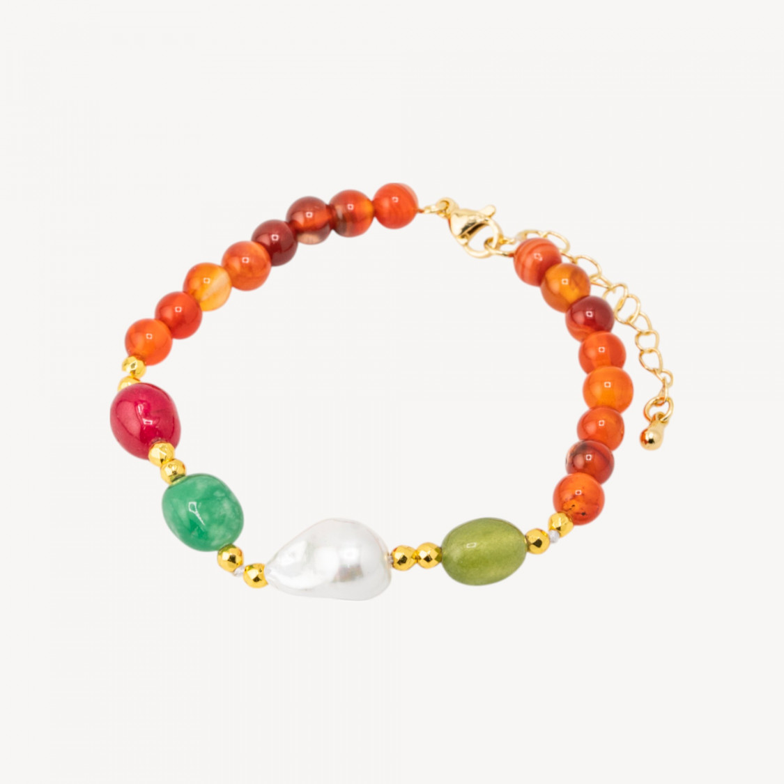 Bracciale con Pietre Dure e Perle di Maiorca 18,5cm + 5cm con Ematite Dorata e Agata Striata Arancione-HARD STONES | Worldofjewel.com