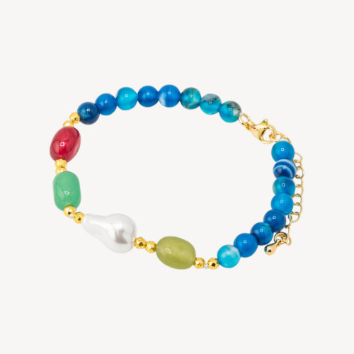 Pulsera con Piedras Semipreciosas y Perlas Mallorquinas 18,5cm + 5cm con Hematites Dorados y Ágata Rayada Azul