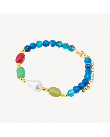 Bracciale con Pietre Dure e Perle di Maiorca 18,5cm + 5cm con Ematite Dorata e Agata Striata Blu-ΣΚΛΗΡΕΣ ΠΕΤΡΕΣ | Worldofjewel.com