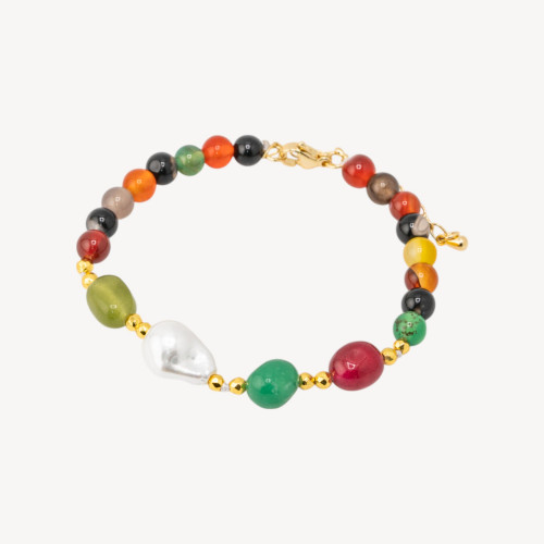 Armband mit Halbedelsteinen und mallorquinischen Perlen, 18,5 cm + 5 cm, mit goldenem Hämatit und mehrfarbigem Jade