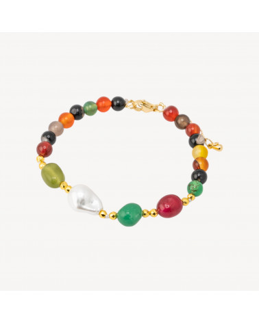 Bracciale con Pietre Dure e Perle di Maiorca 18,5cm + 5cm con Ematite Dorata e Giada Multicolor-HARTE STEINE | Worldofjewel.com