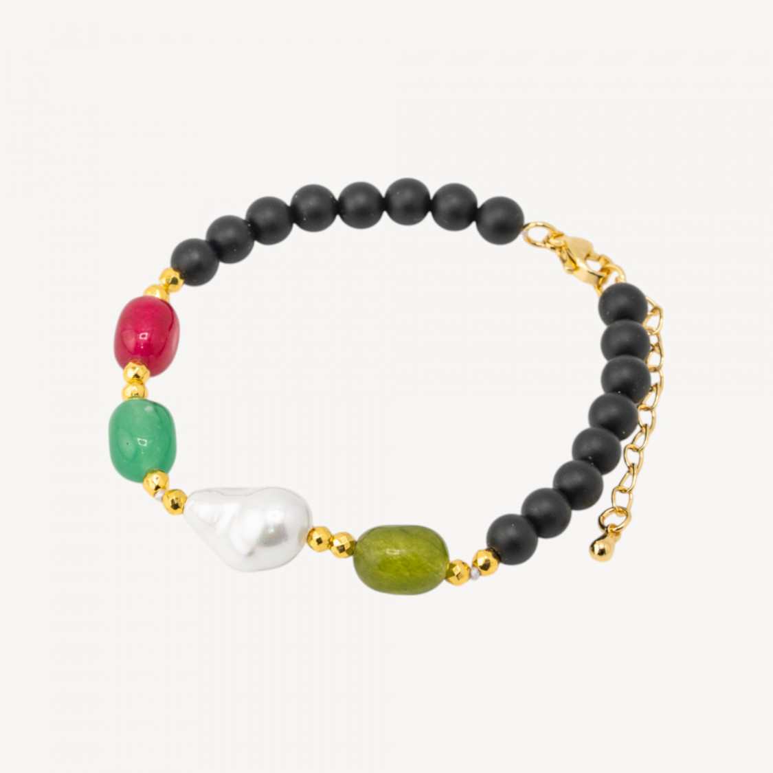 Bracciale con Pietre Dure e Perle di Maiorca 18,5cm + 5cm con Ematite Dorata e Onice Nero Satinato-HARD STONES | Worldofjewel.com