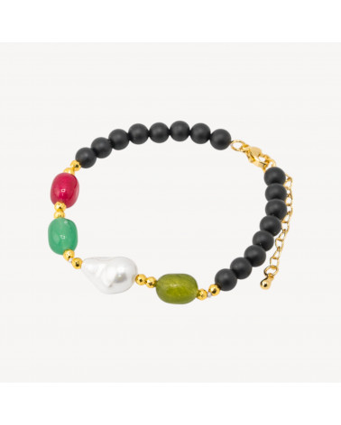 Bracciale con Pietre Dure e Perle di Maiorca 18,5cm + 5cm con Ematite Dorata e Onice Nero Satinato-HARD STONES | Worldofjewel.com