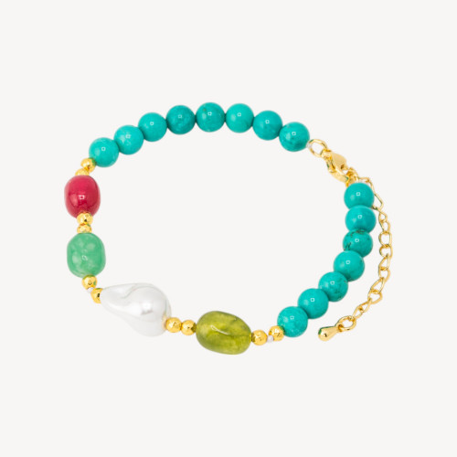 Bracelet en pierres semi-précieuses et perles de Majorque 18,5 cm + 5 cm avec hématite dorée et turquoise stabilisée