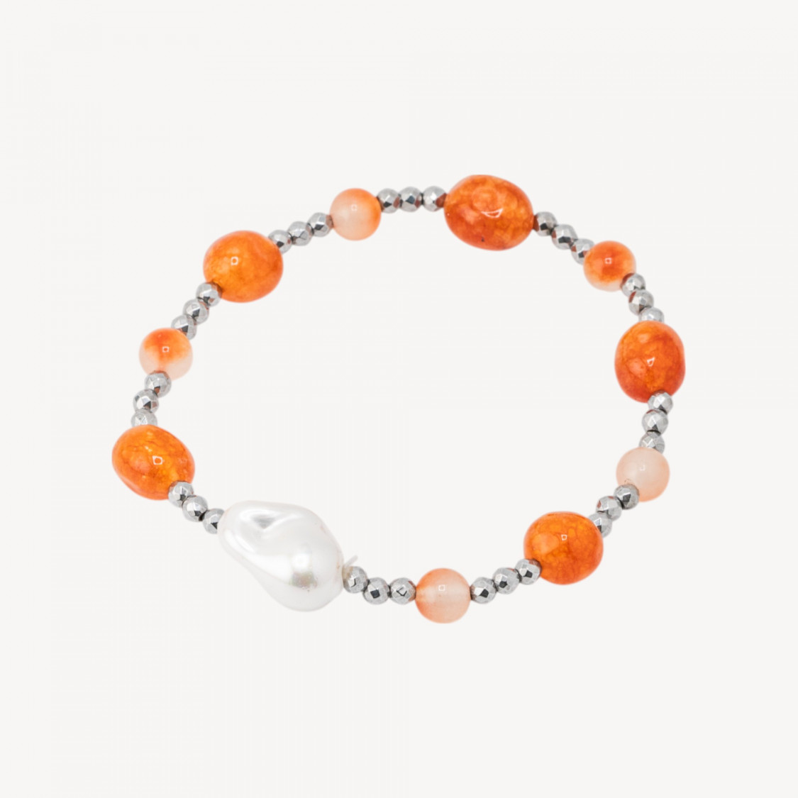Bracciale Elastico con Pietre Sassi Burattati e Perle di Maiorca con Ematite Argentata e Giada Arancio-ΣΚΛΗΡΕΣ ΠΕΤΡΕΣ | Worldofjewel.com