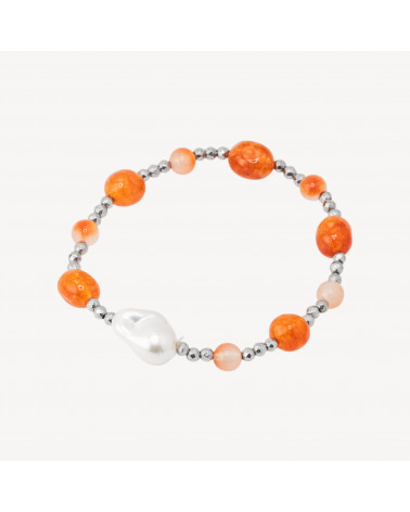 Bracciale Elastico con Pietre Sassi Burattati e Perle di Maiorca con Ematite Argentata e Giada Arancio-ΣΚΛΗΡΕΣ ΠΕΤΡΕΣ | Worldofjewel.com