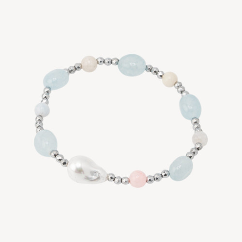 Bracelet élastique orné de pierres roulées, de perles de Majorque, d'hématite argentée et de jade béryl