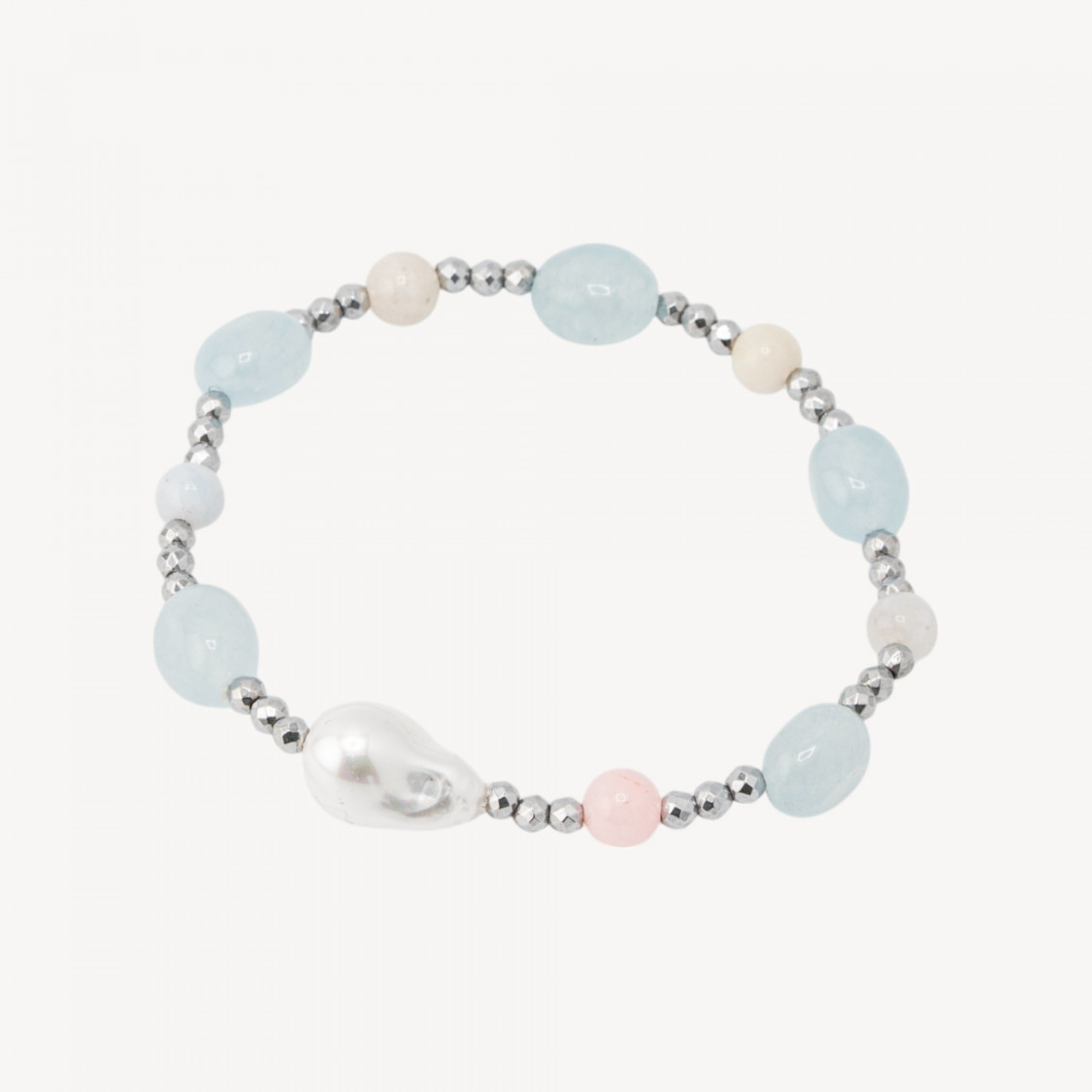 Bracciale Elastico con Pietre Sassi Burattati e Perle di Maiorca con Ematite Argentata e Giada Berillo-HARTE STEINE | Worldofjewel.com