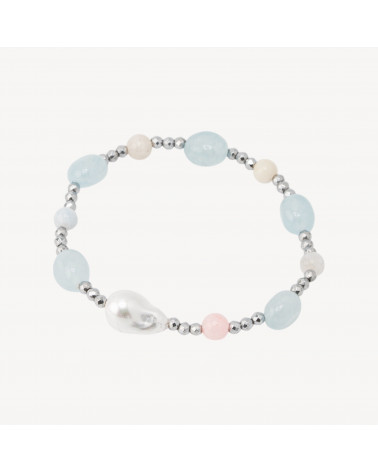 Bracciale Elastico con Pietre Sassi Burattati e Perle di Maiorca con Ematite Argentata e Giada Berillo-HARTE STEINE | Worldofjewel.com