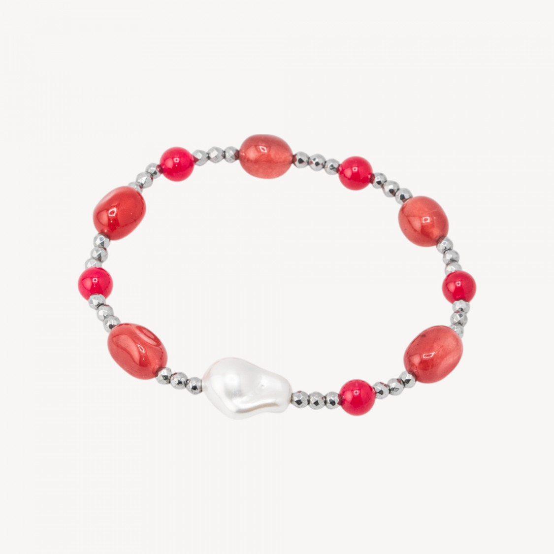 Bracciale Elastico con Pietre Sassi Burattati e Perle di Maiorca con Ematite Argentata e Giada Rossa-HARTE STEINE | Worldofjewel.com