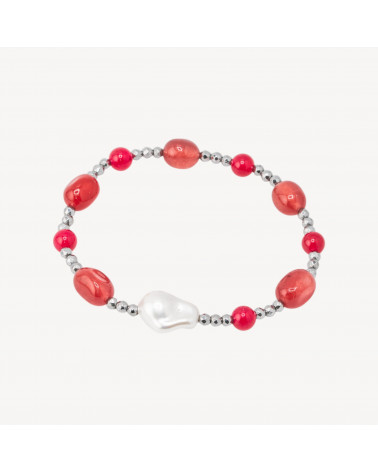 Bracciale Elastico con Pietre Sassi Burattati e Perle di Maiorca con Ematite Argentata e Giada Rossa-HARTE STEINE | Worldofjewel.com