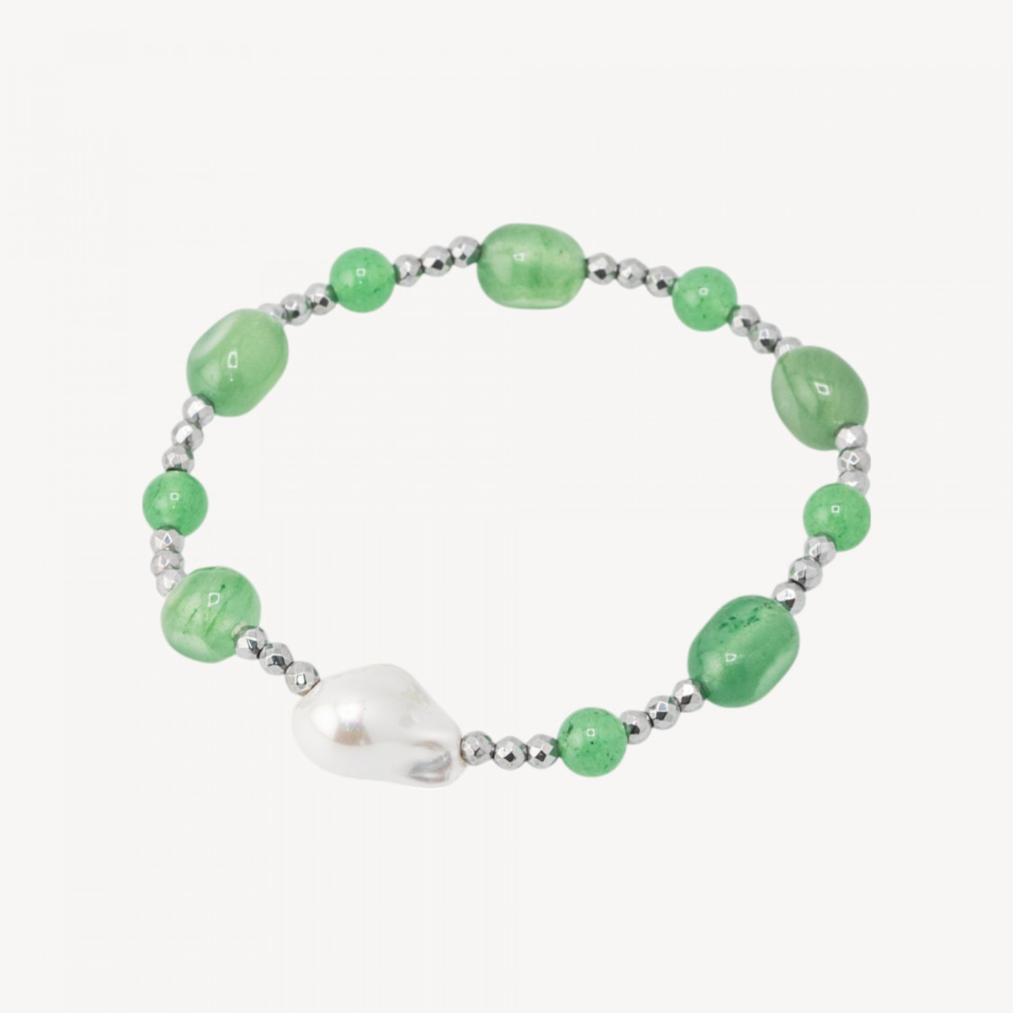 Bracciale Elastico con Pietre Sassi Burattati e Perle di Maiorca con Ematite Argentata e Giada Verde-HARD STONES | Worldofjewel.com
