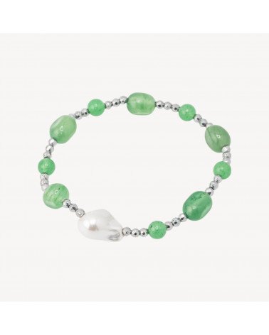 Bracciale Elastico con Pietre Sassi Burattati e Perle di Maiorca con Ematite Argentata e Giada Verde-HARD STONES | Worldofjewel.com