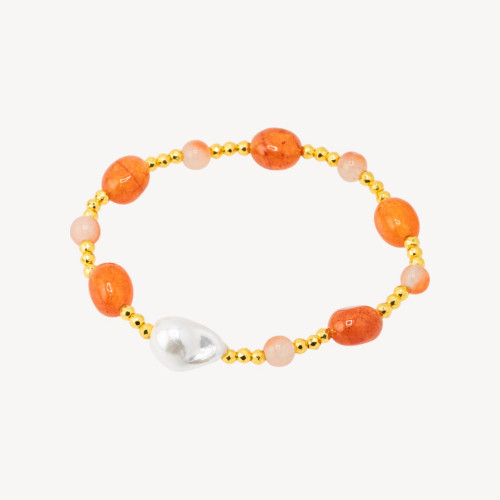 Elastisches Armband mit Trommelsteinen und mallorquinischen Perlen sowie goldenem Hämatit und orangefarbenem Jade.