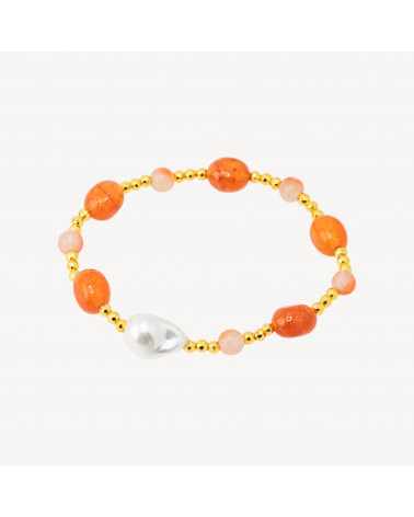 Bracciale Elastico con Pietre Sassi Burattati e Perle di Maiorca con Ematite Dorata e Giada Arancio-HARD STONES | Worldofjewel.com
