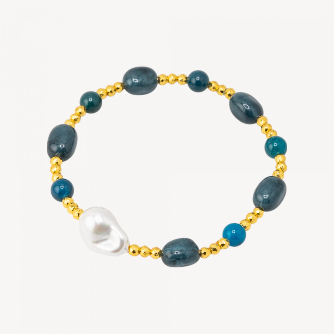 Bracciale Elastico con Pietre Sassi Burattati e Perle di Maiorca con Ematite Dorata e Giada Blu-ΣΚΛΗΡΕΣ ΠΕΤΡΕΣ | Worldofjewel.com