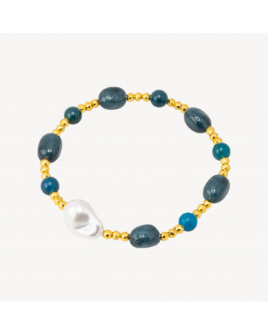 Bracciale Elastico con Pietre Sassi Burattati e Perle di Maiorca con Ematite Dorata e Giada Blu-ΣΚΛΗΡΕΣ ΠΕΤΡΕΣ | Worldofjewel.com