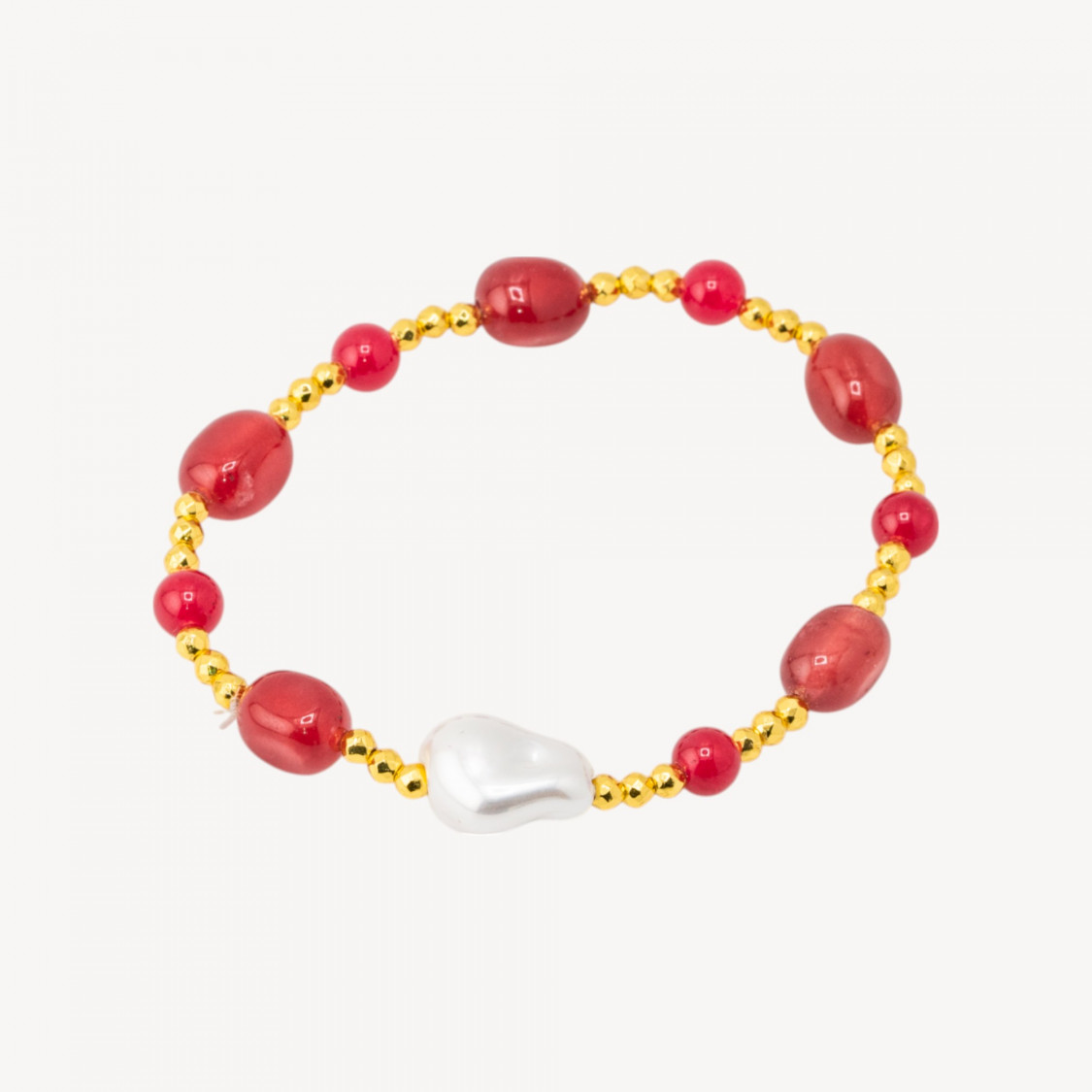 Bracciale Elastico con Pietre Sassi Burattati e Perle di Maiorca con Ematite Dorata e Giada Rossa-HARD STONES | Worldofjewel.com