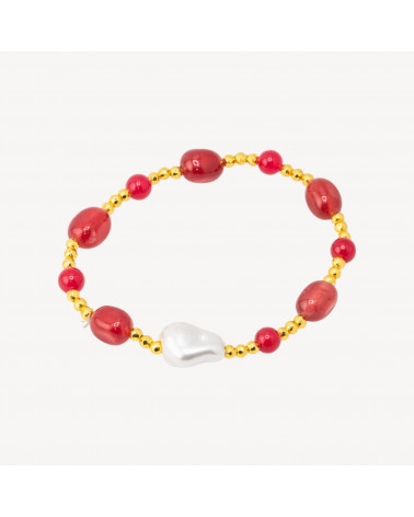 Bracciale Elastico con Pietre Sassi Burattati e Perle di Maiorca con Ematite Dorata e Giada Rossa-HARD STONES | Worldofjewel.com