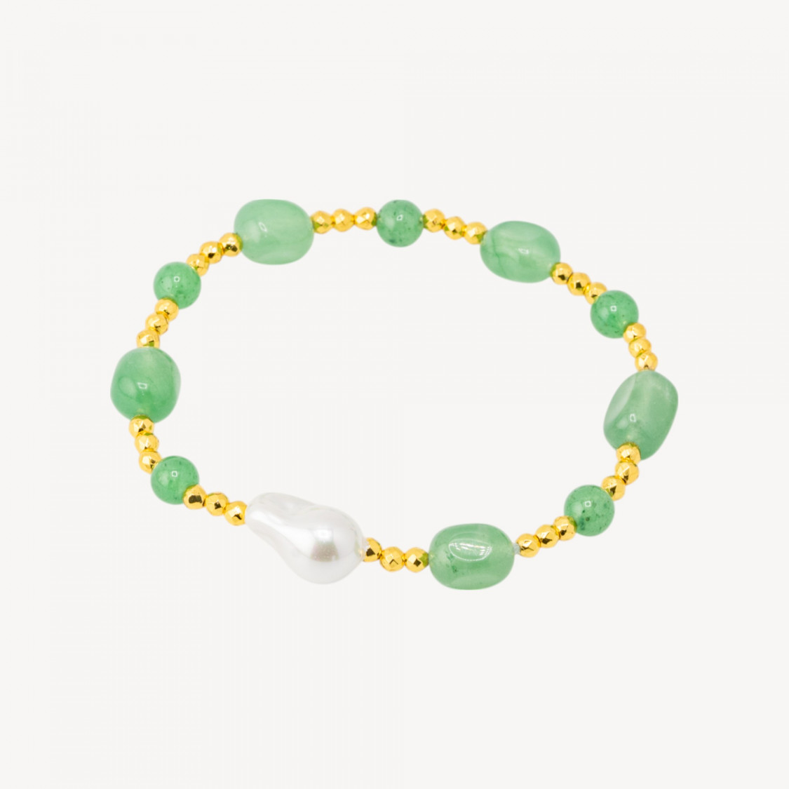 Bracciale Elastico con Pietre Sassi Burattati e Perle di Maiorca con Ematite Dorata e Giada Verde-HARD STONES | Worldofjewel.com