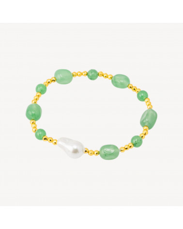 Bracciale Elastico con Pietre Sassi Burattati e Perle di Maiorca con Ematite Dorata e Giada Verde-HARD STONES | Worldofjewel.com