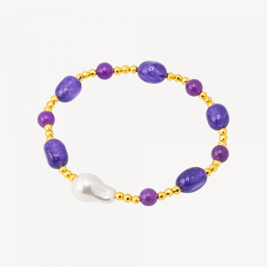 Bracciale Elastico con Pietre Sassi Burattati e Perle di Maiorca con Ematite Dorata e Giada Viola-HARD STONES | Worldofjewel.com
