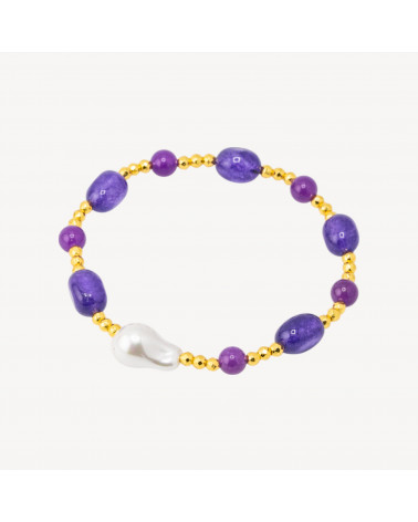 Bracciale Elastico con Pietre Sassi Burattati e Perle di Maiorca con Ematite Dorata e Giada Viola-HARD STONES | Worldofjewel.com