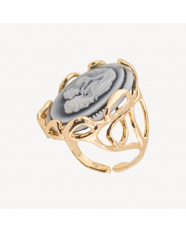 Anello Regolabile in Bronzo Dorato Collezione AURORA-1 con Cammeo in Resina con Donna | Gioiello Artigianale Donna 24x32mm Nero-ANELLI BIJOUX DONNA AURORA BEST SELLER | Worldofjewel.com