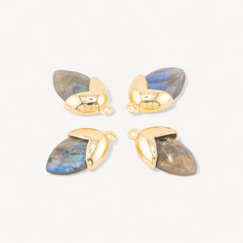 Pendentif en pierres dures serties d'un gland en bronze, 1 anneau 12,5 x 20 mm, 8 pièces de labradorite dorée