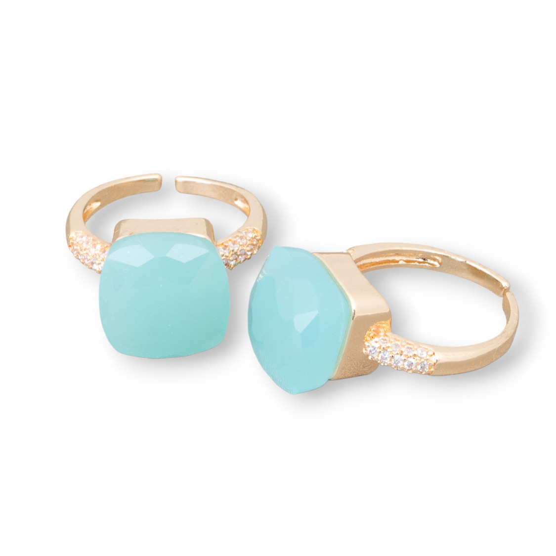 Anello Regolabile in Bronzo Dorato Collezione ELEN-1 con Occhio di Gatto a Cuscinetto 13mm e Zirconi Acqua | Gioiello Artigiana-ANELLI BIJOUX DONNA COLLEZIONE ELEN | Worldofjewel.com