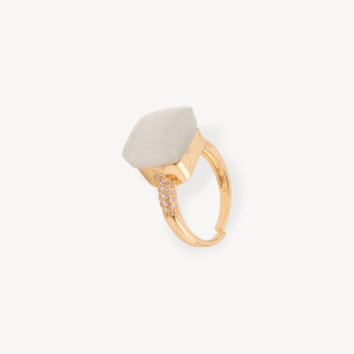 Anillo ajustable en bronce dorado Colección ELEN-1 con ojo de gato de 13 mm de forma cojín y circonita blanca cálida | Joyería A