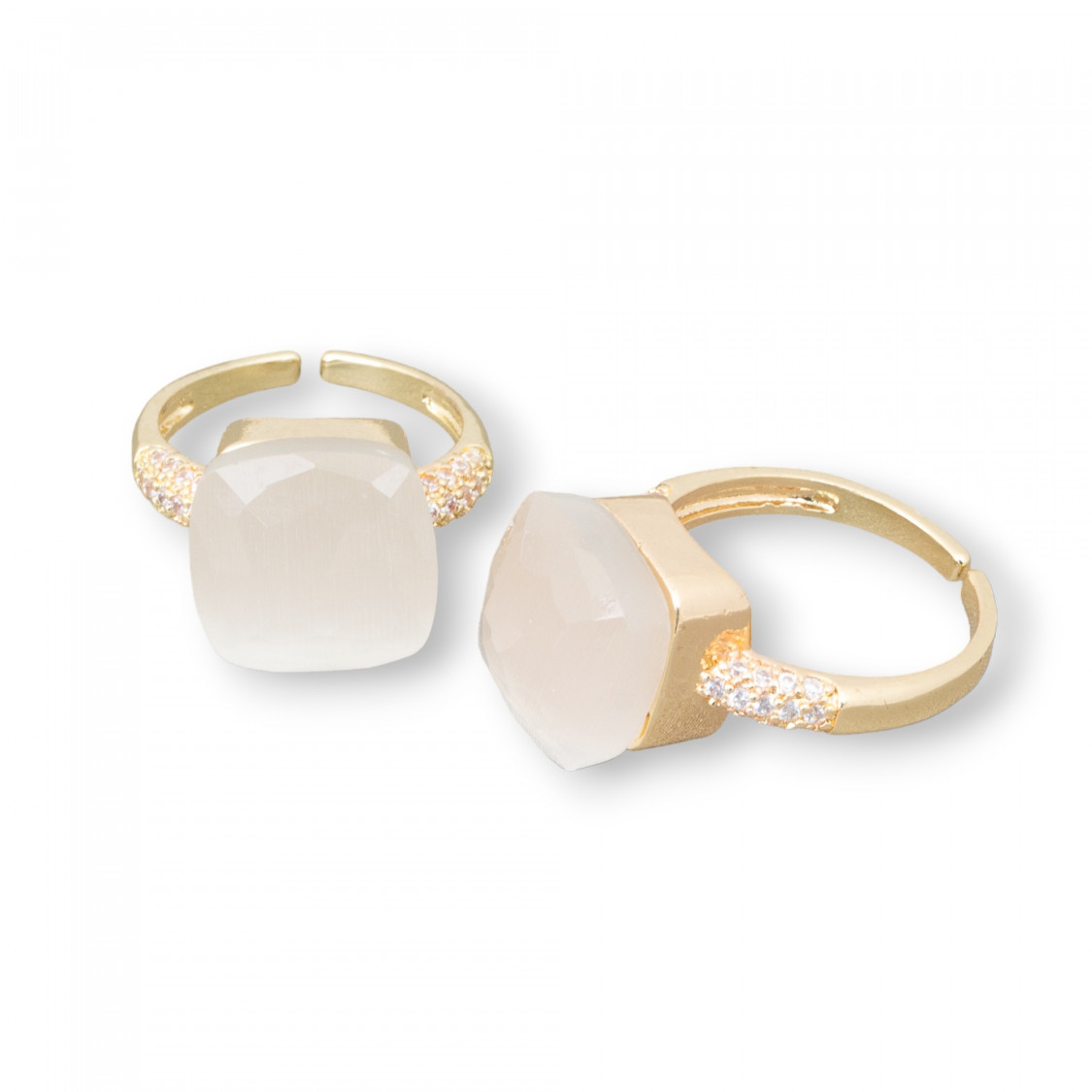 Anello Regolabile in Bronzo Dorato Collezione ELEN-1 con Occhio di Gatto a Cuscinetto 13mm e Zirconi Bianco Caldo | Gioiello Ar-ANELLI BIJOUX DONNA COLLEZIONE ELEN | Worldofjewel.com