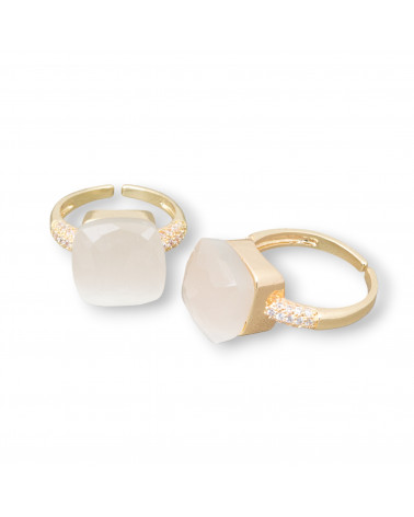 Anello Regolabile in Bronzo Dorato Collezione ELEN-1 con Occhio di Gatto a Cuscinetto 13mm e Zirconi Bianco Caldo | Gioiello Ar-ANELLI BIJOUX DONNA COLLEZIONE ELEN | Worldofjewel.com