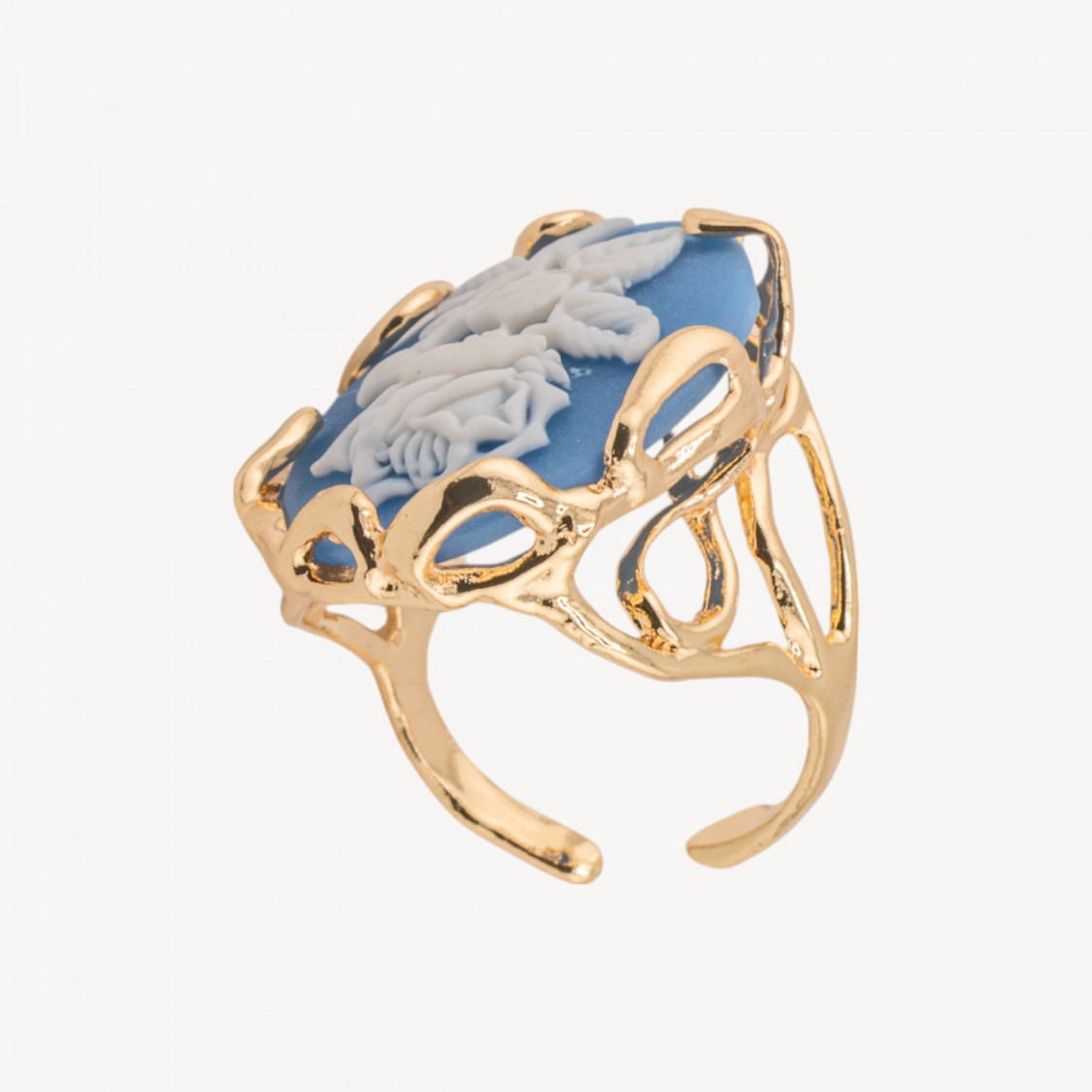 Anello Regolabile in Bronzo Dorato Collezione AURORA-1 con Cammeo in Resina con Fiore | Gioiello Artigianale Donna 24x32mm Blu-ANELLI BIJOUX DONNA AURORA BEST SELLER | Worldofjewel.com