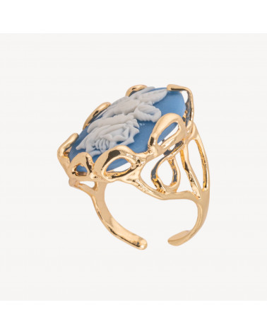 Anello Regolabile in Bronzo Dorato Collezione AURORA-1 con Cammeo in Resina con Fiore | Gioiello Artigianale Donna 24x32mm Blu-ANELLI BIJOUX DONNA AURORA BEST SELLER | Worldofjewel.com