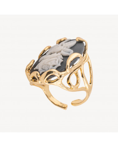 Anello Regolabile in Bronzo Dorato Collezione AURORA-1 con Cammeo in Resina con Fiore | Gioiello Artigianale Donna 24x32mm Nero-ANELLI BIJOUX DONNA AURORA BEST SELLER | Worldofjewel.com