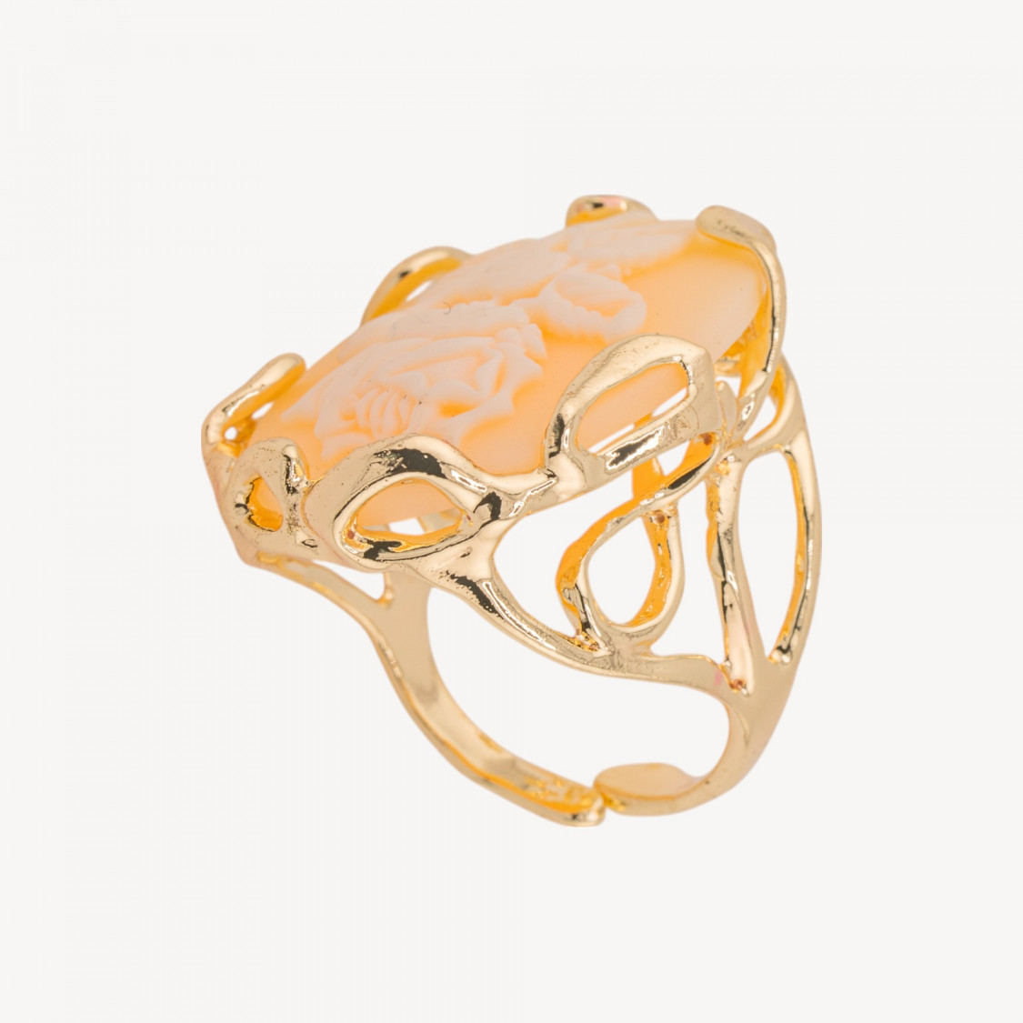Anello Regolabile in Bronzo Dorato Collezione AURORA-1 con Cammeo in Resina con Fiore | Gioiello Artigianale Donna 24x32mm Pesc-ANELLI BIJOUX DONNA AURORA BEST SELLER | Worldofjewel.com