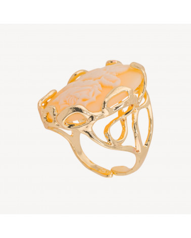 Anello Regolabile in Bronzo Dorato Collezione AURORA-1 con Cammeo in Resina con Fiore | Gioiello Artigianale Donna 24x32mm Pesc-ANELLI BIJOUX DONNA AURORA BEST SELLER | Worldofjewel.com