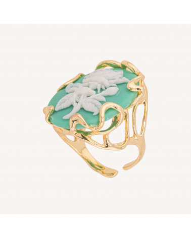 Anello Regolabile in Bronzo Dorato Collezione AURORA-1 con Cammeo in Resina con Fiore | Gioiello Artigianale Donna 24x32mm Verd-ANELLI BIJOUX DONNA AURORA BEST SELLER | Worldofjewel.com