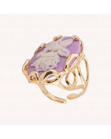 Anello Regolabile in Bronzo Dorato Collezione AURORA-1 con Cammeo in Resina con Fiore | Gioiello Artigianale Donna 24x32mm Viol-ANELLI BIJOUX DONNA AURORA BEST SELLER | Worldofjewel.com