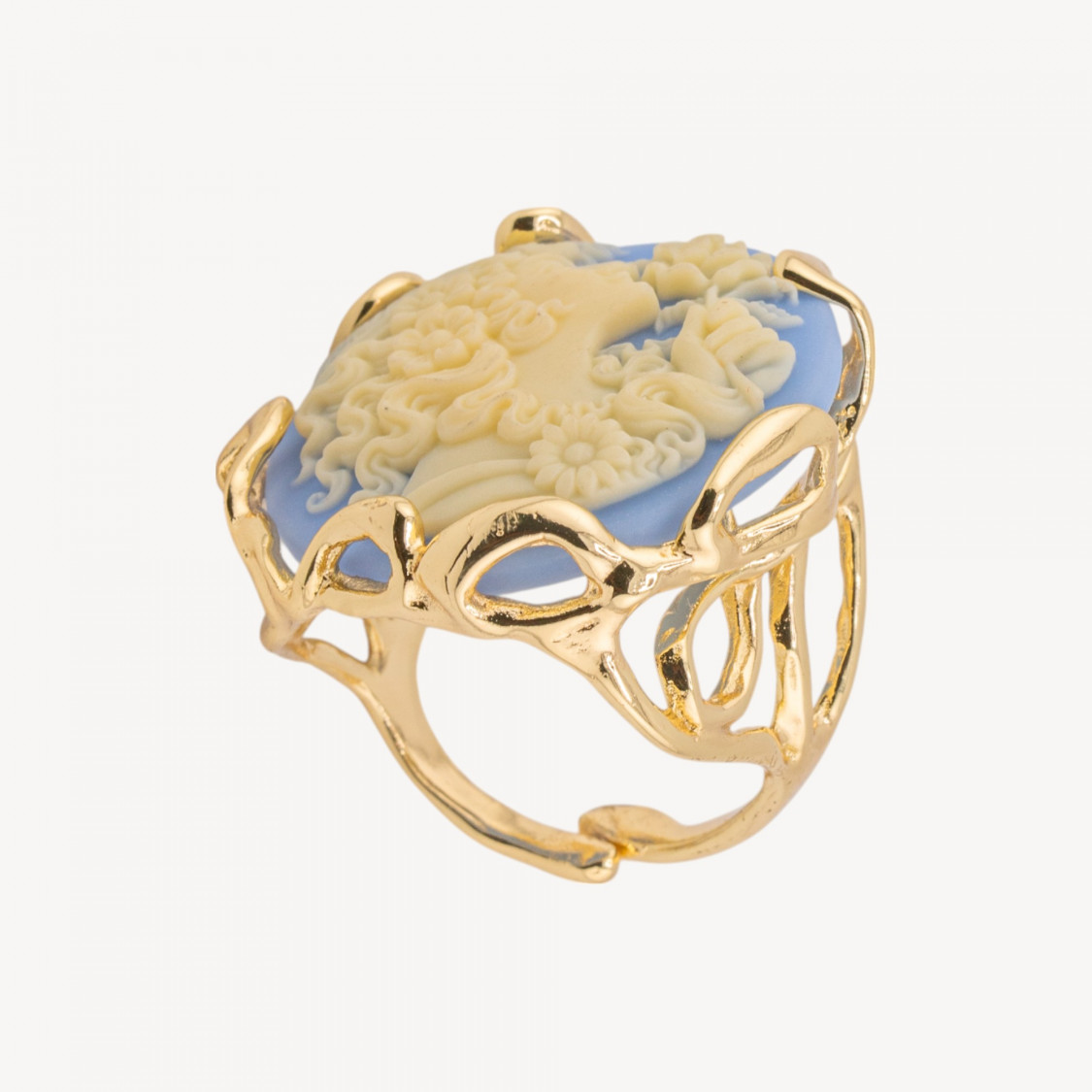 Anello Regolabile in Bronzo Dorato Collezione AURORA-1 con Cammeo Tondo in Resina Blu con Fiore | Gioiello Artigianale Donna-ANELLI BIJOUX DONNA AURORA BEST SELLER | Worldofjewel.com