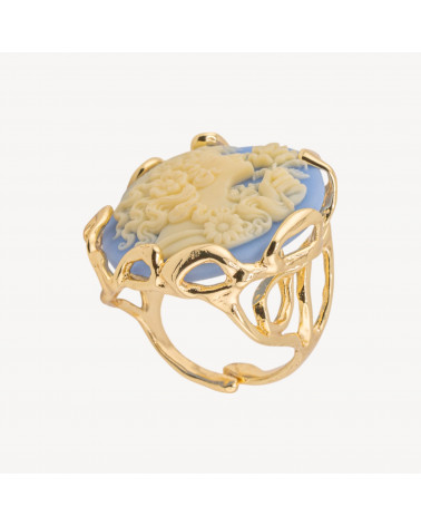 Anello Regolabile in Bronzo Dorato Collezione AURORA-1 con Cammeo Tondo in Resina Blu con Fiore | Gioiello Artigianale Donna-ANELLI BIJOUX DONNA AURORA BEST SELLER | Worldofjewel.com