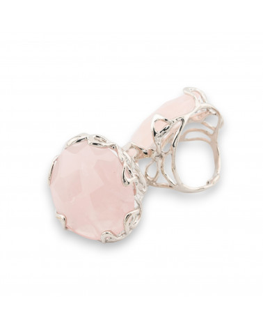 Anello Regolabile in Bronzo Rodiato Collezione AURORA-1 con Pietre Dure Quarzo Rosa | Gioiello Artigianale Donna 28x32mm-ANELLI BIJOUX DONNA AURORA BEST SELLER | Worldofjewel.com