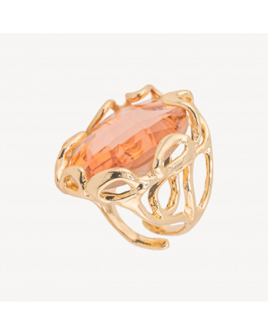 Anello Regolabile in Bronzo Dorato Collezione AURORA-1 con Cabochon di Cristallo Pesca | Gioiello Artigianale Donna 22x33mm-ANELLI BIJOUX DONNA AURORA BEST SELLER | Worldofjewel.com